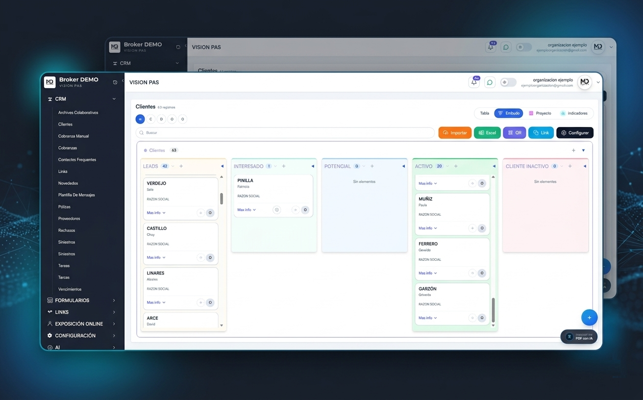 Captura del CRM de VISION PAS con seguimiento comercial y tareas.