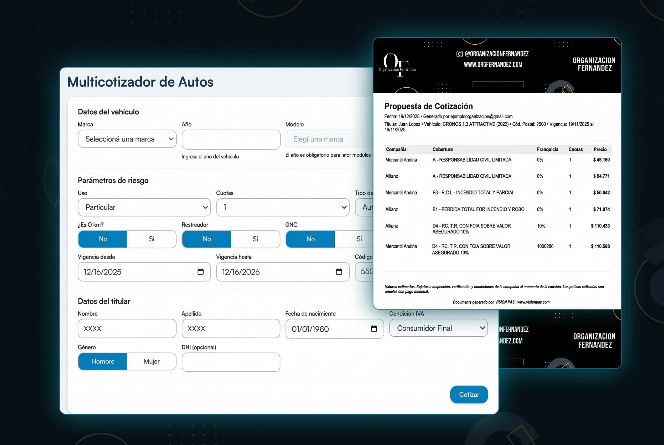 Captura del Multicotizador de VISION PAS comparando opciones de cotización.