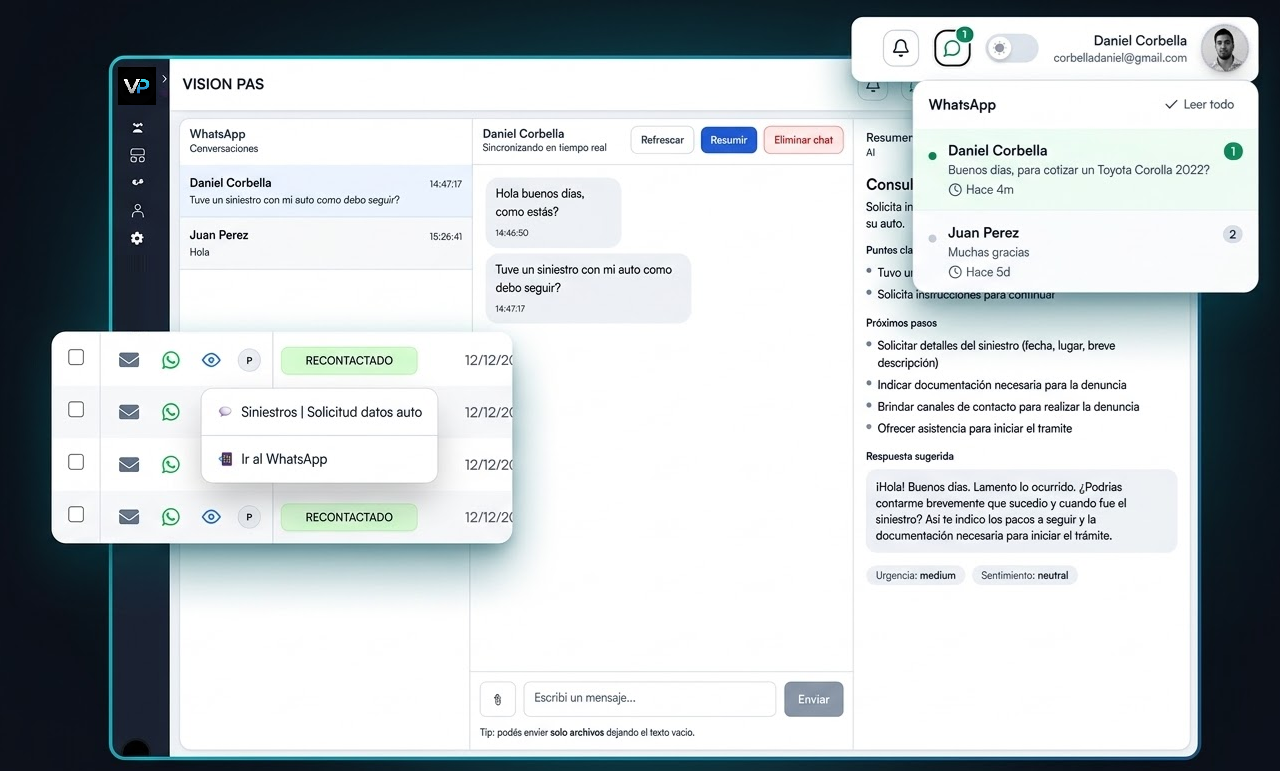 Captura del módulo de WhatsApp integrado en VISION PAS.