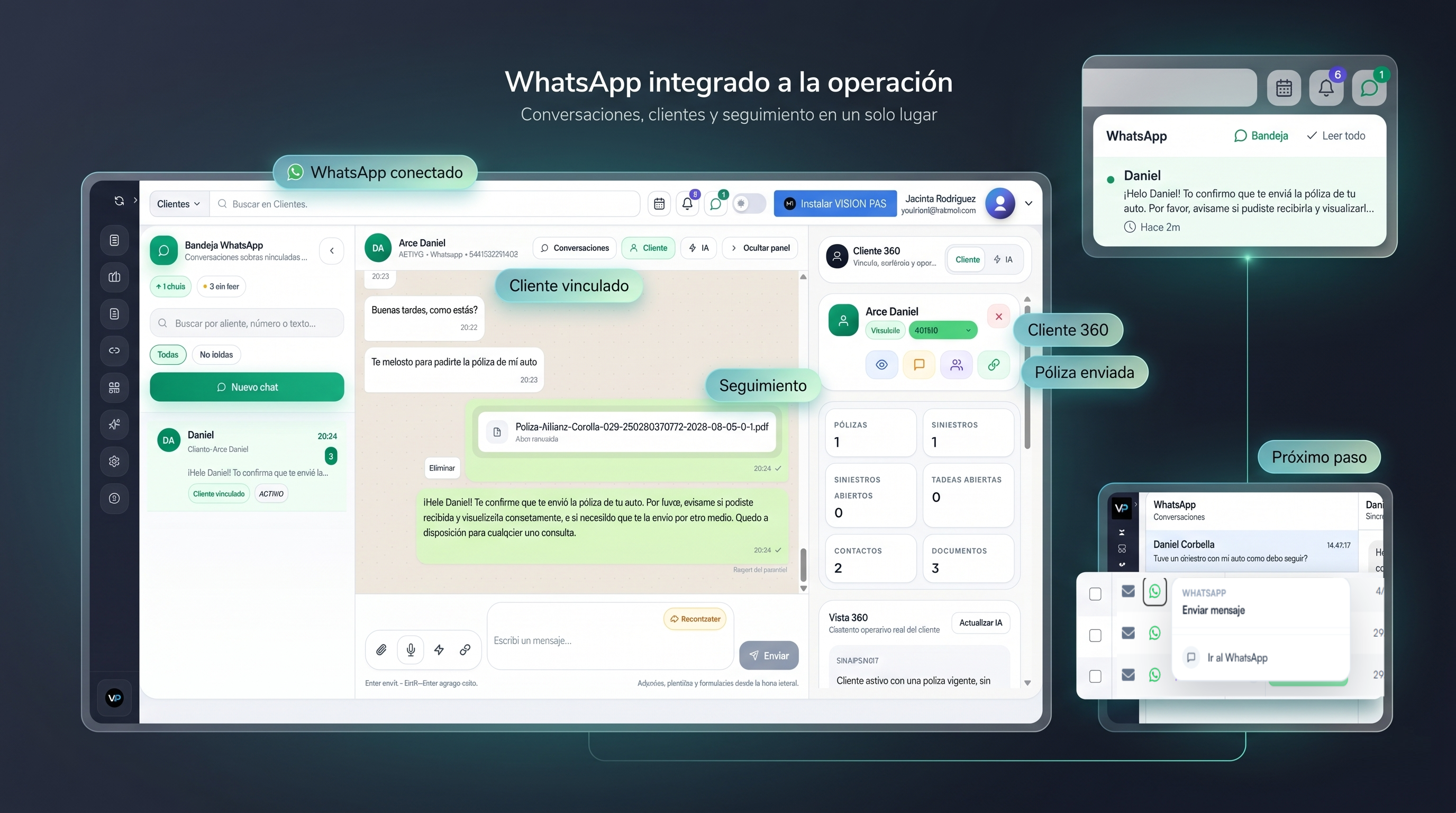 Captura del módulo de WhatsApp integrado en VISION PAS.